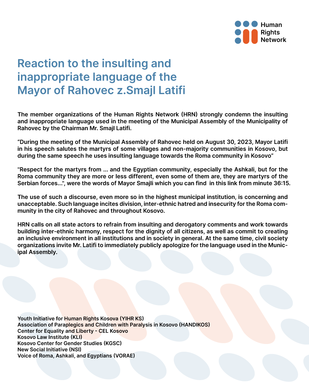 Reaction to the insulting and inappropriate language of the Mayor of Rahovec z.Smajl Latifi