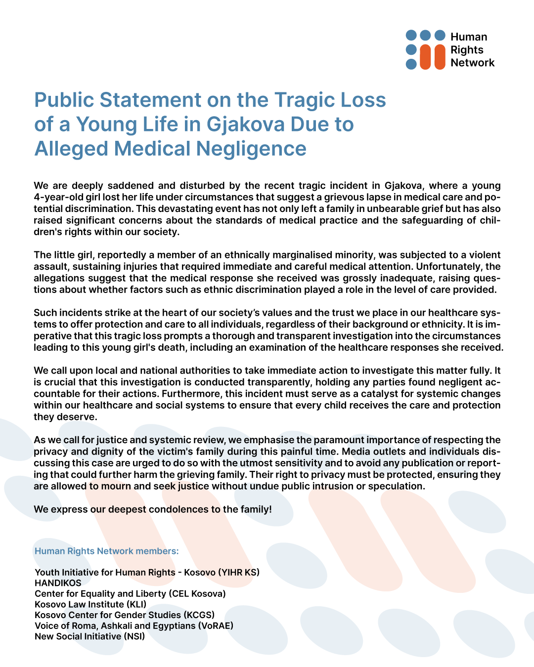 Public Statement on the Tragic Loss of a Young Life in Gjakova Due to Alleged Medical Negligence
