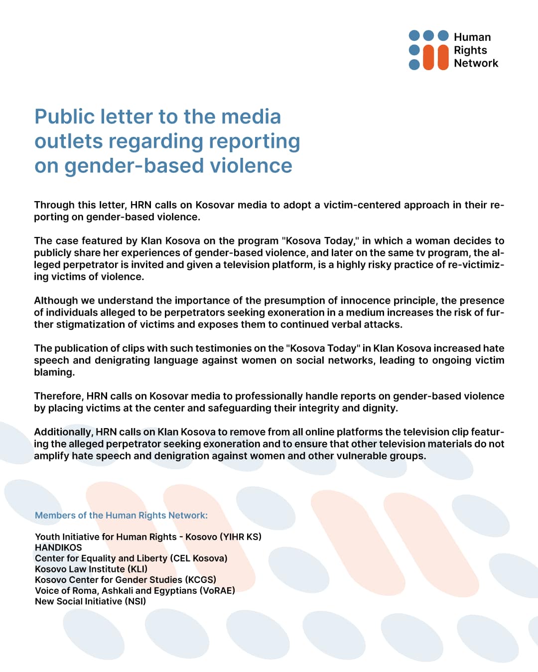 Public letter to the media outlets regarding reporting on gender-based violence