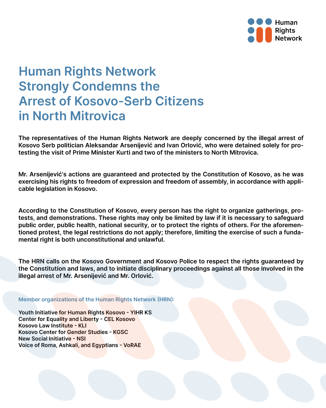 Human Rights Network Strongly Condemns the Arrest of Kosovo-Serb Citizens in North Mitrovica